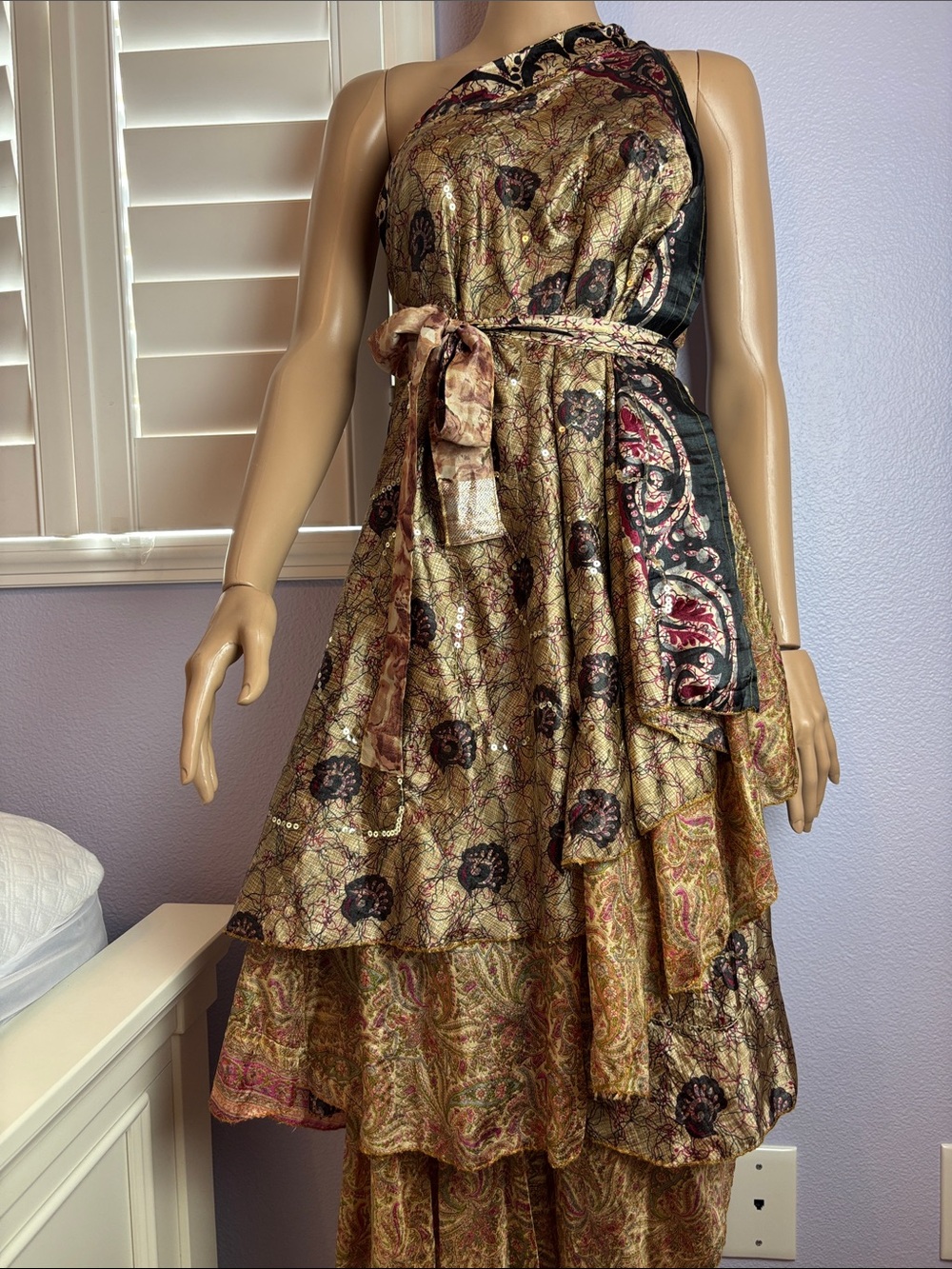 Silk wraparound reversible skirt 2 layers one sequined detailing great for Fall